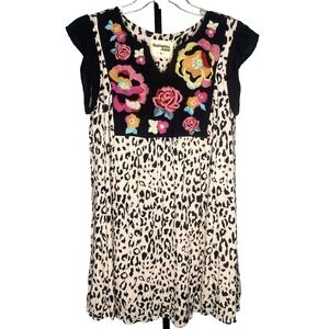 Savanna‎ Jane Leopard Print Floral Embroidered V Neck Shift Dress Lined Size med